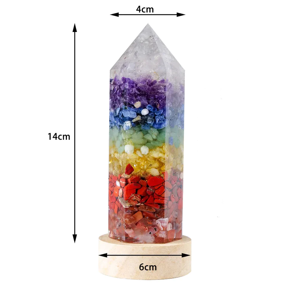 Crystal Column Led Night Light USB Wood Luminous Base 7 Chakra Orgonite Gravel Resin Obelisk Ornament