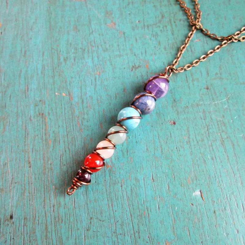 7 Chakra Necklace - Wire Wrapped Chakra Gemstone Pendant on Brass Chain