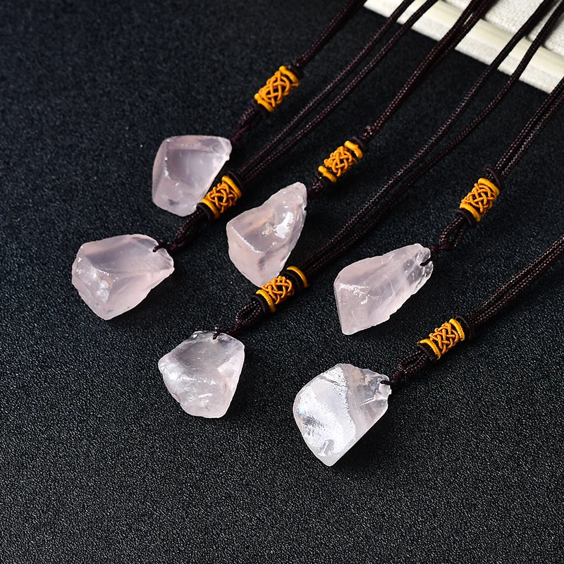 Natural unpolished Rose Quartz  Crystal Pendant Necklace Jewelry