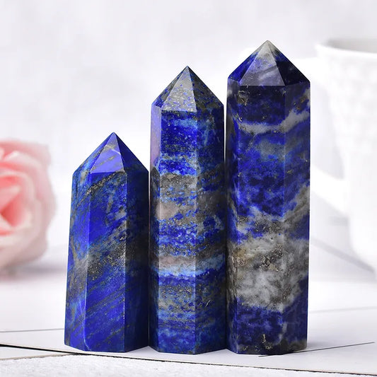 Natural Crystal Lapis Lazuli Hexagonal Column Obelisk  Home Decoration