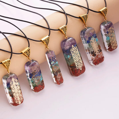 Geometric Pattern Chakras Orgonite Natural Stone Pendant Rope Chain  Necklace  Jewelry