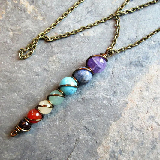 7 Chakra Necklace - Wire Wrapped Chakra Gemstone Pendant on Brass Chain