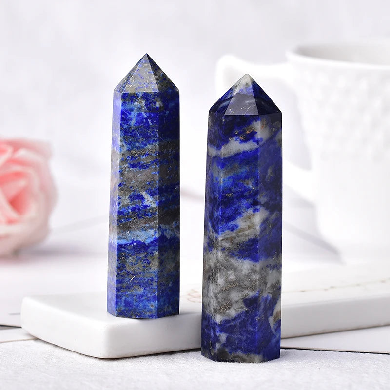 Natural Crystal Lapis Lazuli Hexagonal Column Obelisk  Home Decoration