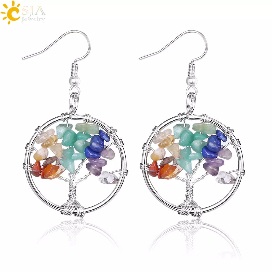 Tree of Life Drop down Earrings Round Natural Gem Stone for Women  Jewelry