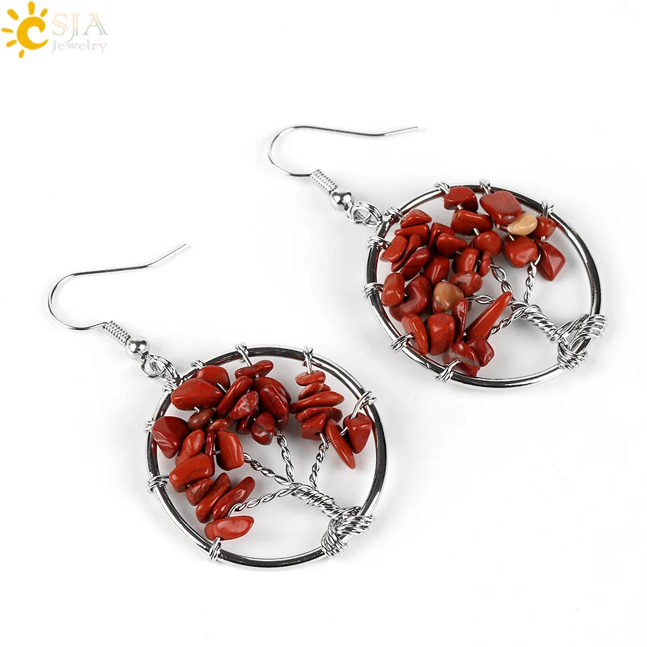 Tree of Life Drop down Earrings Round Natural Gem Stone for Women  Jewelry