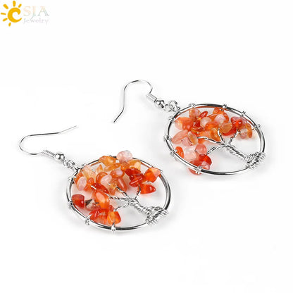 Tree of Life Drop down Earrings Round Natural Gem Stone for Women  Jewelry