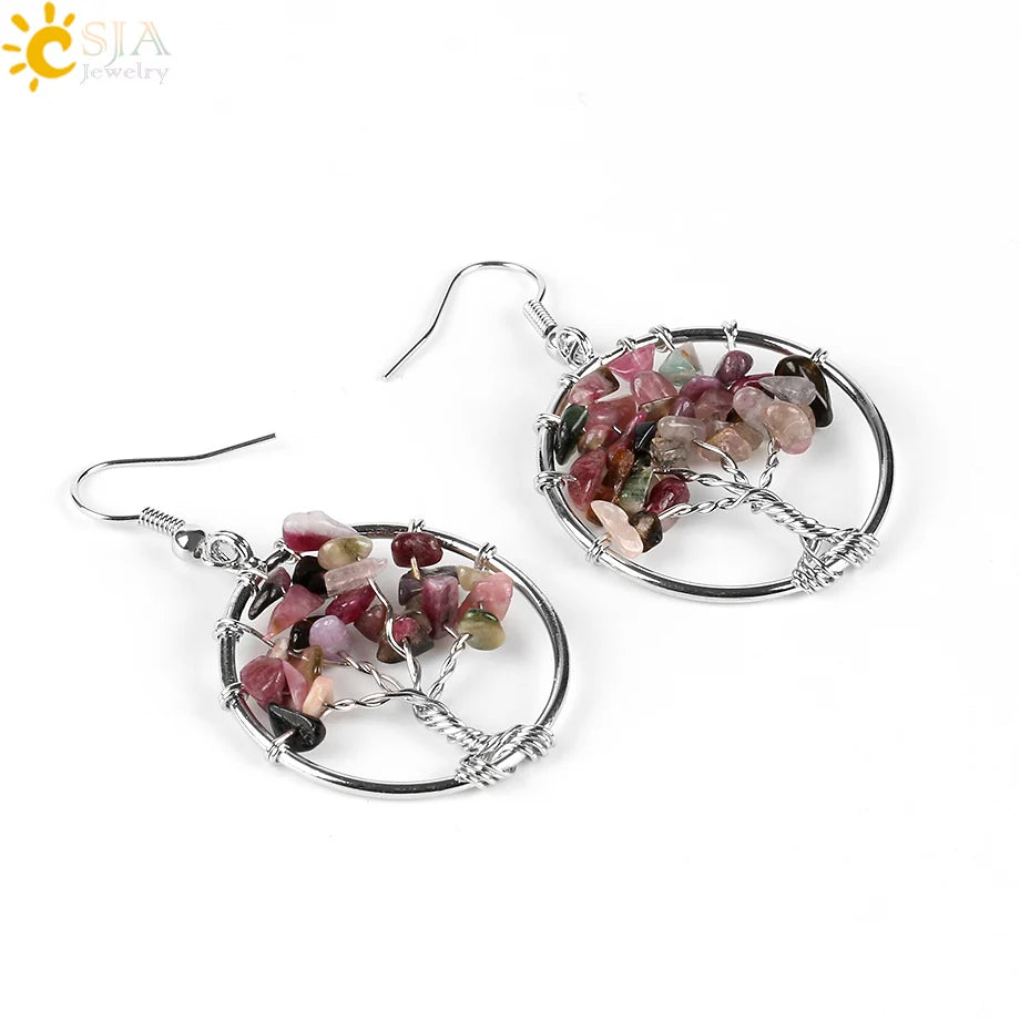 Tree of Life Drop down Earrings Round Natural Gem Stone for Women  Jewelry