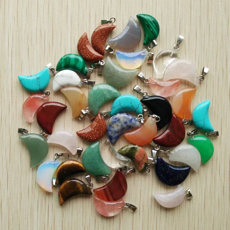 Good quality mix natural stone  moon shape pendants for jewelry making Wholesale 50pcs/lot