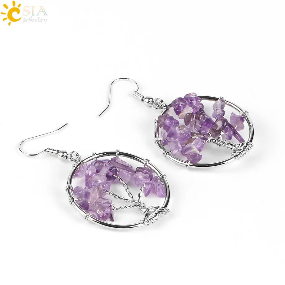 Tree of Life Drop down Earrings Round Natural Gem Stone for Women  Jewelry