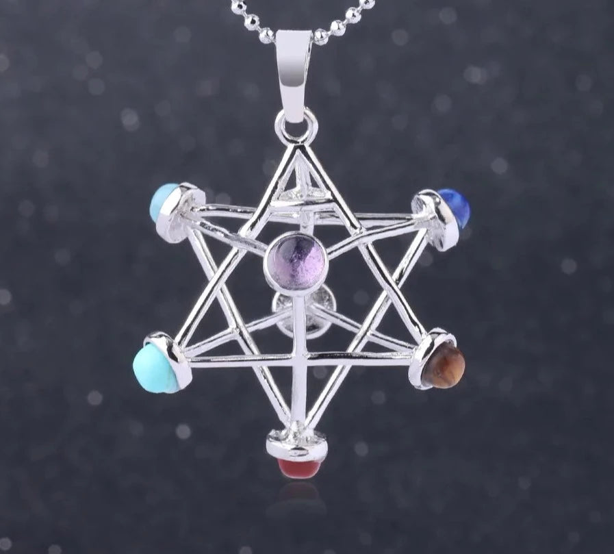 7 Chakra Star Point Natural Stone  Merkaba  Pendant or Necklace