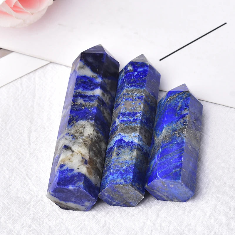 Natural Crystal Lapis Lazuli Hexagonal Column Obelisk  Home Decoration