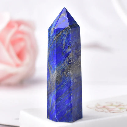 Natural Crystal Lapis Lazuli Hexagonal Column Obelisk  Home Decoration