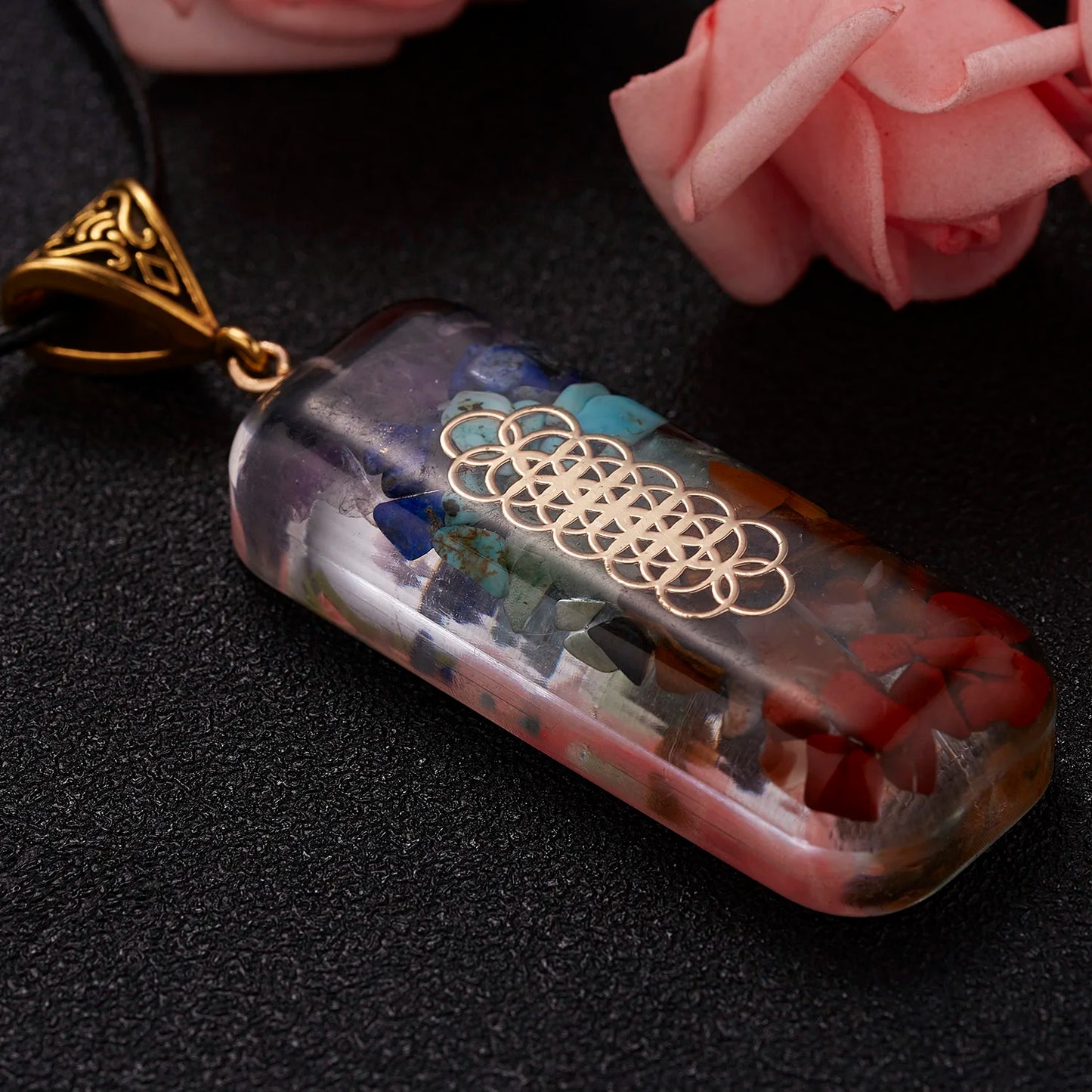 Geometric Pattern Chakras Orgonite Natural Stone Pendant Rope Chain  Necklace  Jewelry