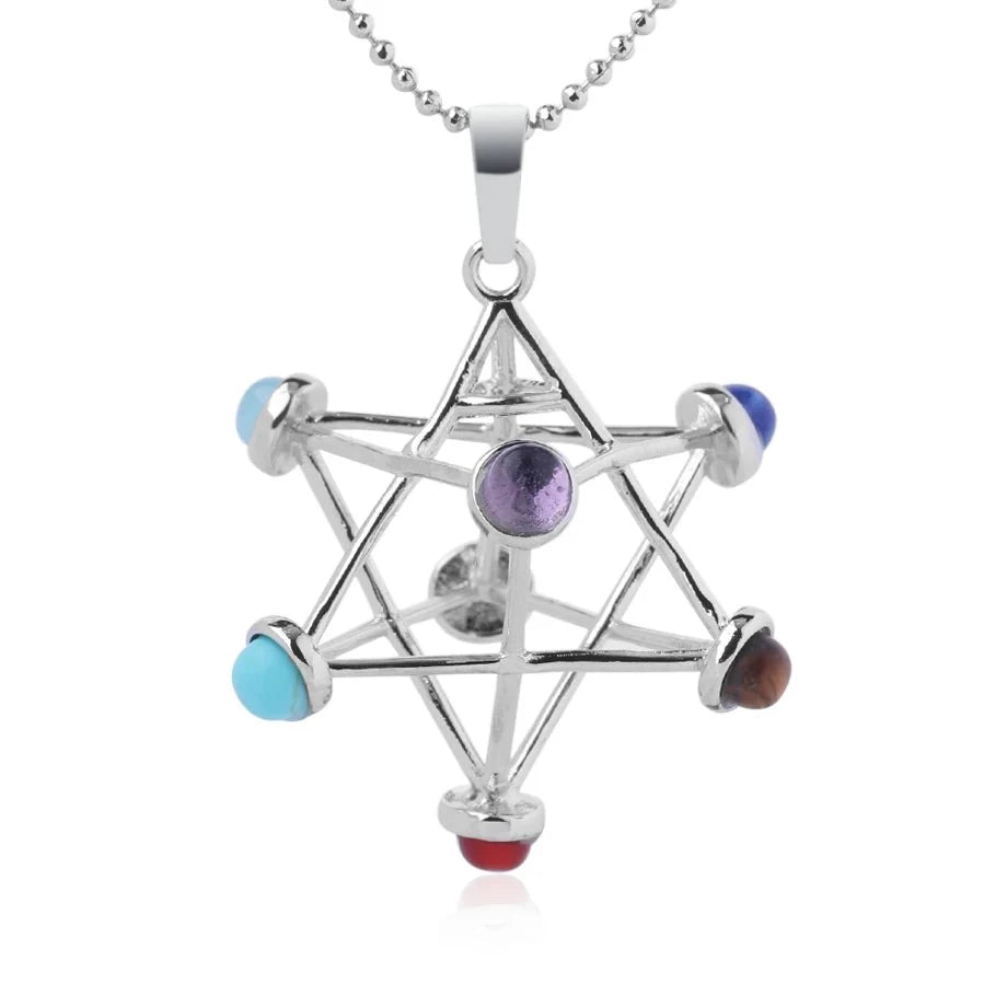 7 Chakra Star Point Natural Stone  Merkaba  Pendant or Necklace