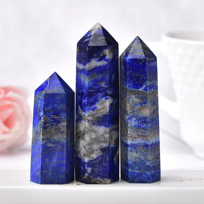 Natural Crystal Lapis Lazuli Hexagonal Column Obelisk  Home Decoration