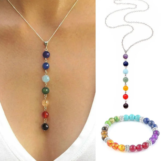 7 Chakra Gem Stone Beads Pendant Necklace Women & Chakra Bracelet Jewelry Set