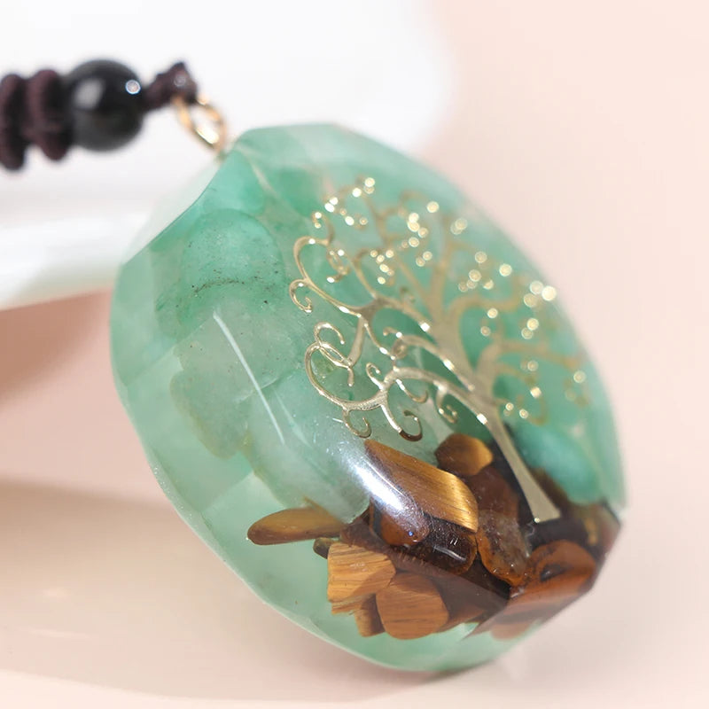 Orgonite Tiger'S Eye, Jade & Tree Pendant  Necklace Jewelry