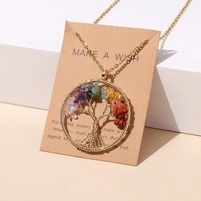 7 Chakras Tree Of Life Pendant Necklace Gold Color  Natural Jewelry