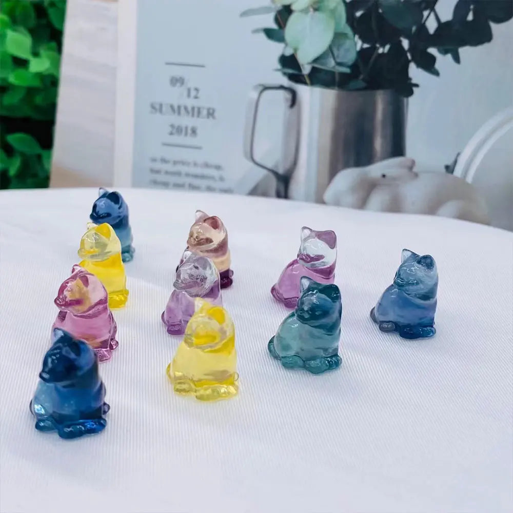 Mini Rainbow Fluorite Cat / awl  Figurine Miniatures Home Decor