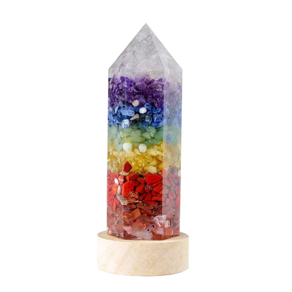 Crystal Column Led Night Light USB Wood Luminous Base 7 Chakra Orgonite Gravel Resin Obelisk Ornament