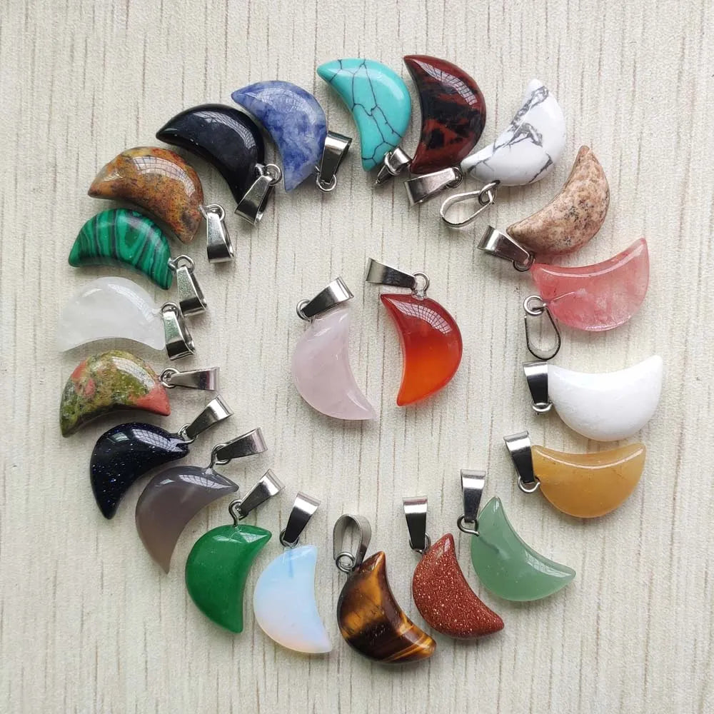 Good quality mix natural stone  moon shape pendants for jewelry making Wholesale 50pcs/lot