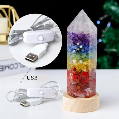 Crystal Column Led Night Light USB Wood Luminous Base 7 Chakra Orgonite Gravel Resin Obelisk Ornament