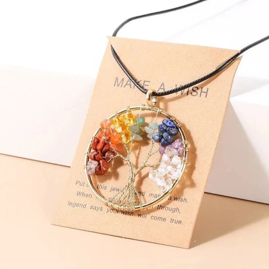 7 Chakras Tree Of Life Pendant Necklace Gold Color  Natural Jewelry