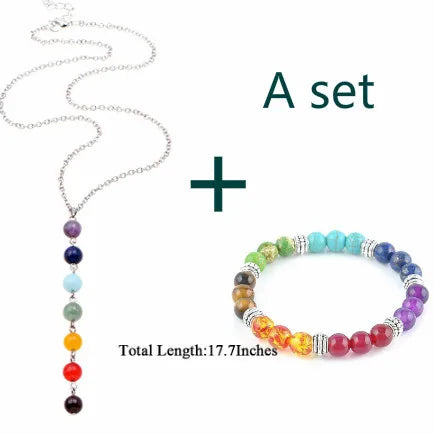 7 Chakra Gem Stone Beads Pendant Necklace Women & Chakra Bracelet Jewelry Set