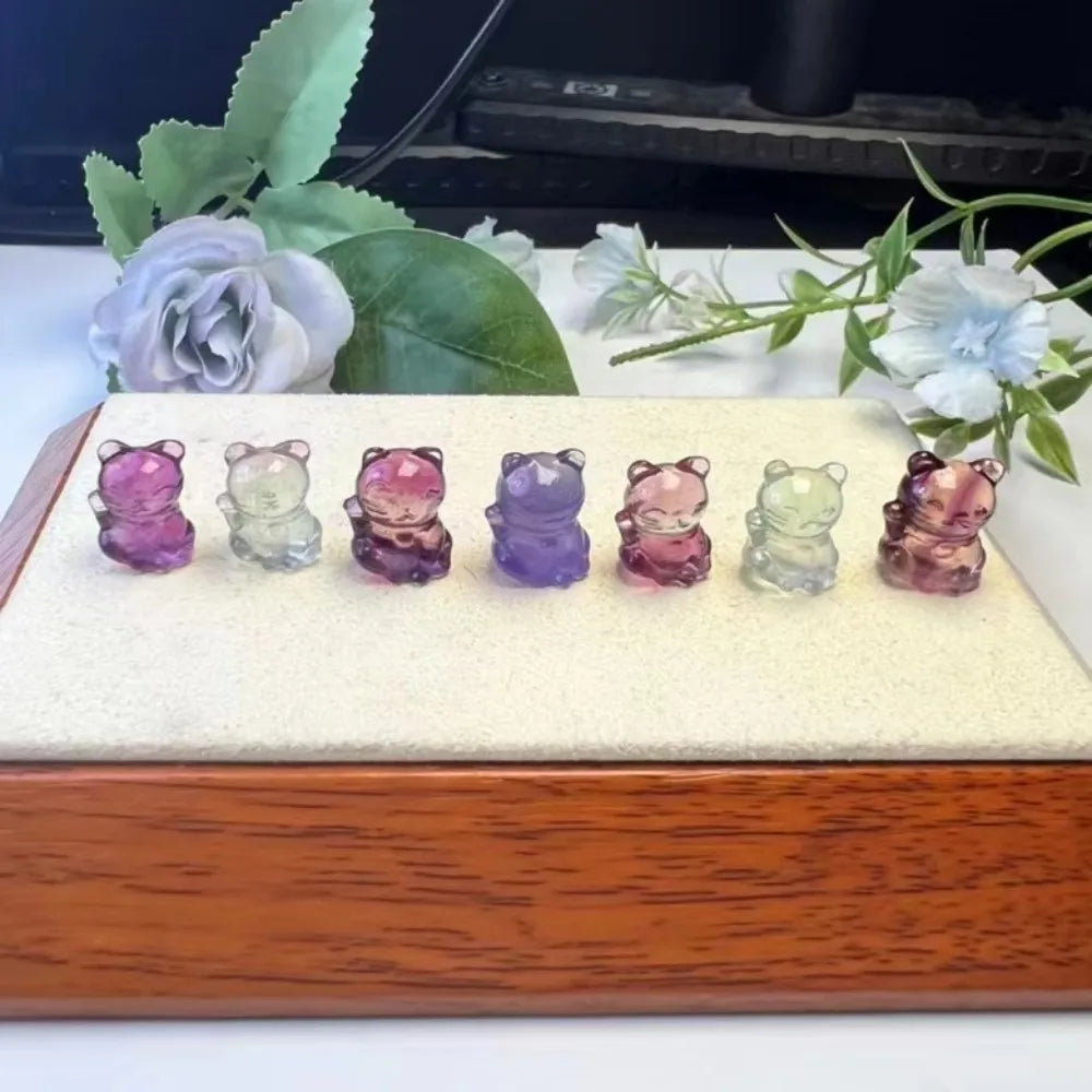 Mini Rainbow Fluorite Cat / awl  Figurine Miniatures Home Decor