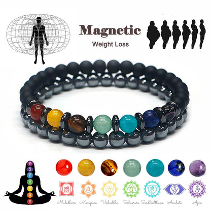 Magnetic Hematite  6mm & Yoga 7 Chakra  Bracelet to help you Lost Weight.  Spiritual Jewelry