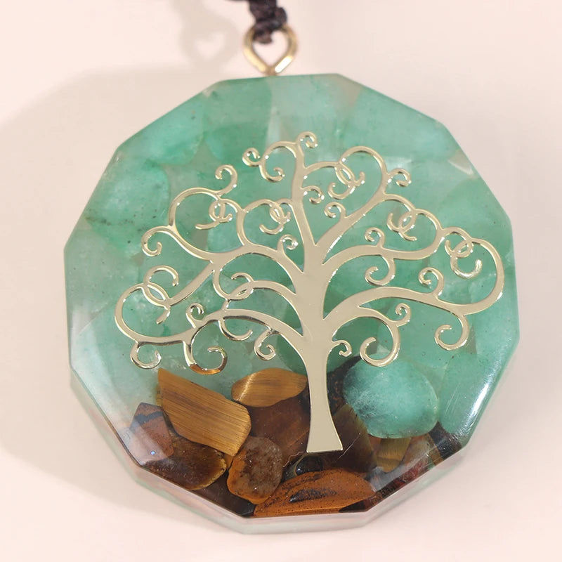 Orgonite Tiger'S Eye, Jade & Tree Pendant  Necklace Jewelry